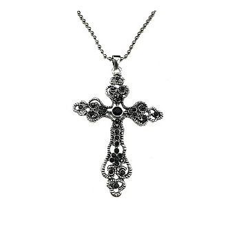 Cross Zinc Alloy Pendant Necklace, with Rhinestone, Indian Sapphire, 27.56 inch(70cm)