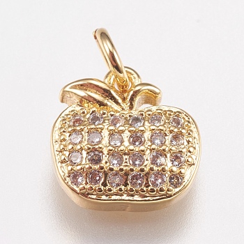 Brass Micro Pave Cubic Zirconia Charms, Apple, Golden, 9x9x3mm, Hole: 2mm