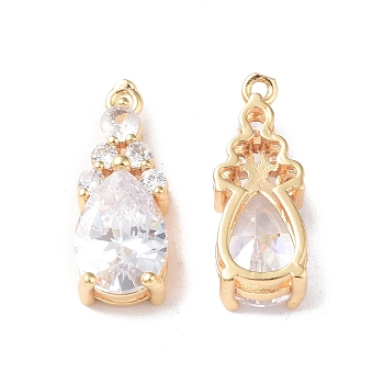 Brass Micro Pave Cubic Zirconia Pendants, with Glass, Teardrop Charm, Real 18K Gold Plated, 18.5x7x5mm, Hole: 1mm