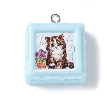 Opaque Resin Pendants, Square with Cat Charms, with Platinum Plated Iron Loops, Light Sky Blue, 25x21x8.5mm, Hole: 2mm