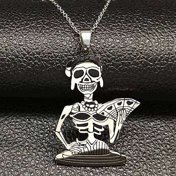 Skull 304 Stainless Steel Pendant Necklaces, with Enamel, Stainless Steel Color, 20.08 inch(51cm)
