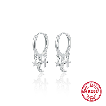 Rhodium Plated 925 Sterling Sliver Dangle Hoop Earrings, with 925 Stamp, Moon & Star & Cross, Platinum, 19mm