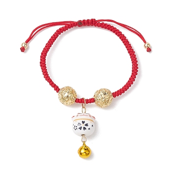 Adjustable Fortune Cat Handmade Porcelain Charm Bracelets, Coin Round Ball Brass Nylon Braided Bead Bracelets for Women, Red, Inner Diameter: 1-3/4~2-3/8 inch(4.5~6cm)