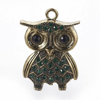 Alloy Rhinestone Bird Pendants, Owl for Halloween, Antique Golden, Emerald, 61x42x6mm, Hole: 5mm