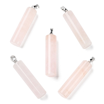 Natural Rose Quartz Pendants, Column Charms with Platinum Plated Brass Snap on Bails, 40.8~42x10~10.5mm, Hole: 7.2x4.2mm