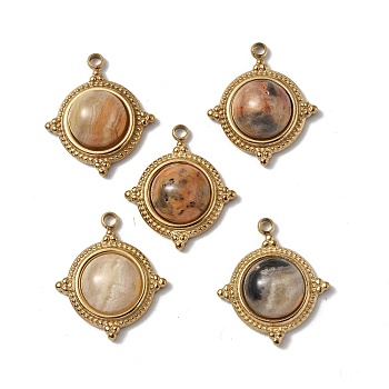 Vacuum Plating 201 Stainless Steel Natural Picasso Jasper Pendants, Real 18K Gold Plated, Half Round Charms, 17.5x15x6mm, Hole: 1.5mm
