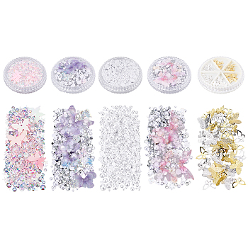 5 Boxs 5 Style Eyes Face Makeup Acrylic Imitation Pearl & Acrylic Rhinestone & Tissue Stickers, Half Round & Butterfly for Bride Children Girl Makeup Face Accessories, Mixed Color, 0.2~2x0.2~2.6x0.01~0.3cm, 1 box/style