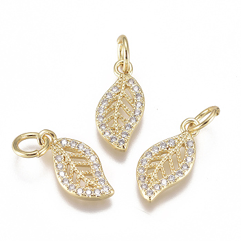 20Pcs Brass Micro Pave Cubic Zirconia Charms, with Jump Ring, Long-Lasting Plated, Leaf, Clear, Real 18K Gold Plated, 13x6x1mm, Hole: 3mm