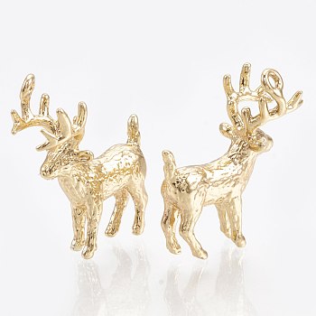 Brass Pendants, Real 18K Gold Plated, Christmas Reindeer/Stag, 19x16x8mm, Hole: 1mm
