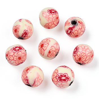Handmade Polymer Clay Beads, Round with Flower Pattern, Beige, 10mm, Hole: 1.5~2mm
