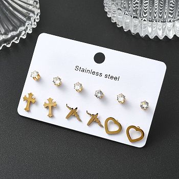 304 Stainless Steel Micro Pave Cubic Zirconia Stud Earrings Kits For Women, Mixed Shape, Golden, 8.5~10.5x8~12mm