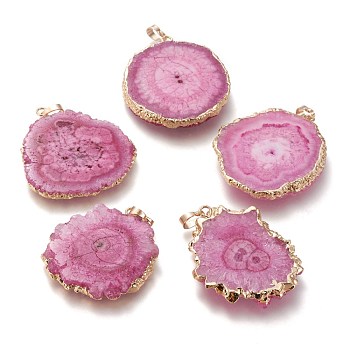 Dyed Natural Druzy Solar Quartz Crystal Pendants, Edge Plated, with Brass Bails, Sunflower, Golden, Hot Pink, 40~50x30~45x5~6mm, Hole: 4x6mm
