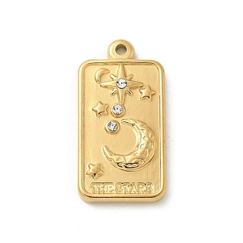 304 Stainless Steel Pendants, with Rhinestone, Golden, Moon, 25.5x13x3.5mm, Hole: 1.8mm