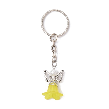 Angel Acrylic & Alloy Pendant Keychain, with Iron Split Key Rings, Champagne Yellow, 7.8cm