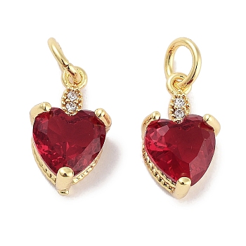 Brass Micro Pave Cubic Zirconia Charms, with Jump Ring, Heart, Real 18K Gold Plated, Red, 13x7.5x5mm, Hole: 3mm