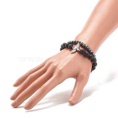 2Pcs 2 Style Natural Lava Rock & Synthetic Hematite Stretch Bracelets Set with Alloy Wings(BJEW-JB08021)-3