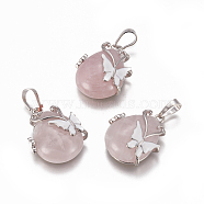 Natural Rose Quartz Pendants, with Enamel and Brass Findings, teardrop, with Butterfly, Platinum, 30x23.5x12mm, Hole: 10x6mm(G-K296-B05)