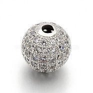 CZ Brass Micro Pave Cubic Zirconia Round Beads, Platinum, 1/4 inch(8mm), Hole: 1.6mm(ZIRC-L017-02P)