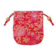 Chinese Style Flower Pattern Satin Jewelry Packing Pouches, Drawstring Gift Bags, Rectangle, Crimson, 10.5x10.5cm(PW-WG42698-01)
