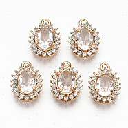 Brass Glass Rhinestone Pendants, with Micro Pave Clear Cubic Zirconia, Long-Lasting Plated, Cadmium Free & Lead Free, Oval, Light Gold, Crystal, 15.5x11.5x6mm, Hole: 1mm(GLAA-S179-28-RS)