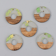 Transparent Resin & Walnut Wood Pendants, with Glitter Paillettes, Flat Round, Green Yellow, 28x3mm, Hole: 2mm(RESI-S389-013A-D01)