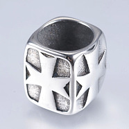 304 Stainless Steel Beads, Large Hole Beads, Cuboid with Cross, Antique Silver, 11x11.5x10.5mm, Hole: 8.5mm(STAS-I072-059AS)