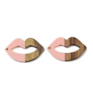 Resin and Walnut Pendants, Lip, for Valentine's Day Gift, Pink, 23.5x37.5x3mm, Hole: 2mm(WOOD-I013-04A)