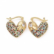 Cubic Zirconia Heart Thick Hoop Earrings, Golden Brass Jewelry for Woman, Colorful, 22~23x20.5~21x7mm, Pin: 0.8~1.2x0.7~0.8mm(EJEW-F304-01G-02)