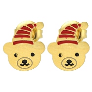 Ion Plating(IP) 304 Stainless Steel Enamel Stud Earrings, Real 14K Gold Plated, For Christmas, Bear, 11x10mm(EJEW-I316-04G-01)