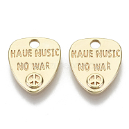 Brass Charms, Nickel Free, Peace Sign with Word Haue Nusic No War, Golden, 12x10x1mm, Hole: 1.8mm(KK-N232-68-NF)