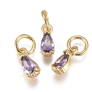 Brass Micro Pave Cubic Zirconia Charms, with Jump Ring, Long-Lasting Plated, Real 18K Gold Plated, Faceted, Teardrop, Lilac, 8x3x3mm, Hole: 3mm(ZIRC-F111-04G-03)