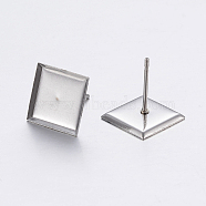 304 Stainless Steel Ear Stud Findings, Square, Stainless Steel Color, Tray: 10x10mm, 11x11x1.2mm, Pin: 0.8mm(STAS-P198-22)