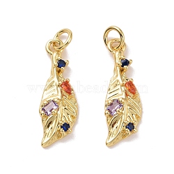 Feather Brass Micro Pave Colorful Cubic Zirconia Pendants, with Jump Rings, Cadmium Free & Lead Free, Real 18K Gold Plated, 22.5x7.5x3.5mm, Hole: 3.4mm(KK-G406-34G)