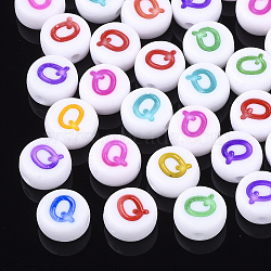 Initial Acrylic Beads, Horizontal Hole, Flat Round, Mixed Color, Letter.Q, 7x3.5~4mm, Hole: 1.2mm(X-OACR-E001-20Q)