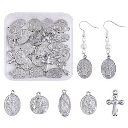 30Pcs 5 Style 201 Stainless Steel Pendants, Oval with Virgin Mary & Flat Round with Cssml Ndsmd Cross God Father Religious Christianity, Stainless Steel Color, 18.5~22.5x10~15x2.5~3.5mm, Hole: 1.6mm, 6pcs/style(STAS-SZ0002-87)