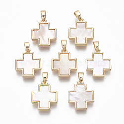 Brass Charms, with Freshwater Shell, Nickel Free, Real 18k Gold Plated, Cross, Seashell Color, 15x13x2.5mm, Hole: 2x4mm(KK-R134-034-NF)