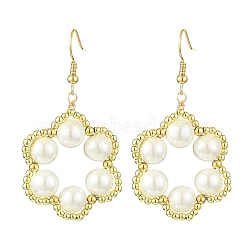 Flower Shell Pearl & Non-magnetic Synthetic Hematite Bead Dangle Earrings, Golden, 52x29mm(EJEW-JE05773)