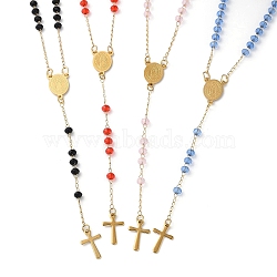 Glass Rosary Bead Necklaces, Vacuum Plating Golden 304 Stainless Steel Cross Pendant Necklace, Mixed Color, 18.11~18.94 inch(46~48.1cm)(NJEW-H019-03G)