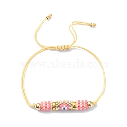 Glass Seed Column with Evil Eye Link Bracelet, Adjustable Bracelet for Women, Pearl Pink, Inner Diameter: 1/2~2-1/8 inch(1.4~5.3cm)(BJEW-MZ00029-02)