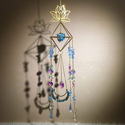 Metal Lotus Hanging Ornaments, Natural Apatite Chip and Glass Cone Tassel Suncatchers for Home Garden Outdoor Decoration, 500mm(PW-WG48308-02)