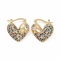Cubic Zirconia Heart Thick Hoop Earrings, Golden Brass Jewelry for Woman, Colorful, 22~23x20.5~21x7mm, Pin: 0.8~1.2x0.7~0.8mm(EJEW-F304-01G-02)