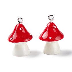 Opaque Resin Pendants, with Platinum Tone Iron Loops, Mushroom with Polka Dots, Red, 23~24x17mm, Hole: 2mm(X-RESI-T028-69D)