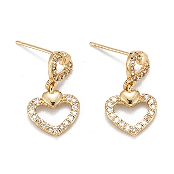 Heart Sparkling Cubic Zirconia Dangle Stud Earrings for Girl Women, Lead Free & Nickel Free & Cadmium Free, Brass Micro Pave Cubic Zirconia Earrings, Real 18K Gold Plated, 20mm, Pin: 0.6mm