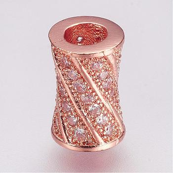 Brass Micro Pave Cubic Zirconia Beads, Column, Rose Gold, 9x6mm, Hole: 3mm
