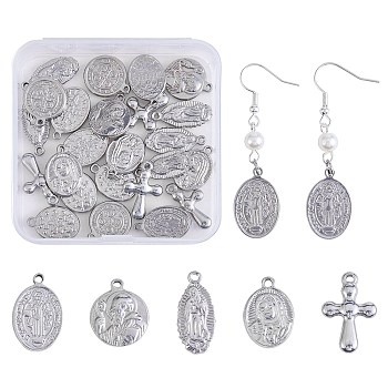 30Pcs 5 Style 201 Stainless Steel Pendants, Oval with Virgin Mary & Flat Round with Cssml Ndsmd Cross God Father Religious Christianity, Stainless Steel Color, 18.5~22.5x10~15x2.5~3.5mm, Hole: 1.6mm, 6pcs/style
