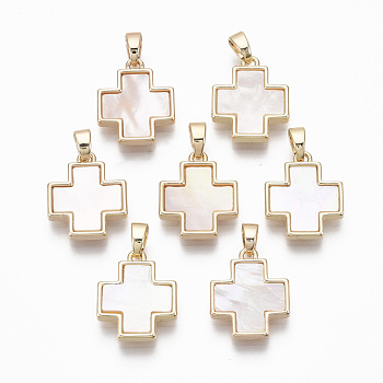 Brass Charms, with Freshwater Shell, Nickel Free, Real 18k Gold Plated, Cross, Seashell Color, 15x13x2.5mm, Hole: 2x4mm