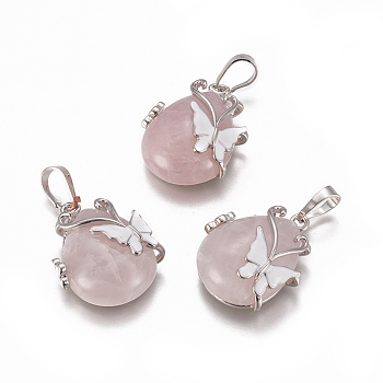 Natural Rose Quartz Pendants, with Enamel and Brass Findings, teardrop, with Butterfly, Platinum, 30x23.5x12mm, Hole: 10x6mm