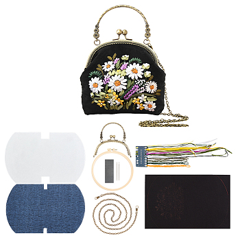 DIY Ethnic Style Flower Pattern Embroidery Crossbody Bags Kits, Including Kiss Lock Frame with Handle, Plastic Imitation Bamboo Embroidery Hoop, Bag Chain, Needle, Threads, Fabric, Instruction, Mixed Color, 453x275x0.4mm
