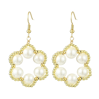 Flower Shell Pearl & Non-magnetic Synthetic Hematite Bead Dangle Earrings, Golden, 52x29mm