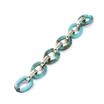 Handmade CCB Plastic Cable Chains, with Acrylic Linking Rings, Golden, Dark Turquoise, Links: 24.2x18.2x4mm and 19x12x4.7mm, 39.37 inch(1m)/strand